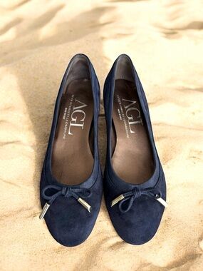 AGL Suede Shoes Navy Chunky Heel